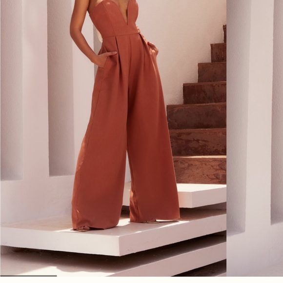 PrettyLittleThing Pants - PrettyLittleThing Rust Strapless Wide-Leg Jumpsuit